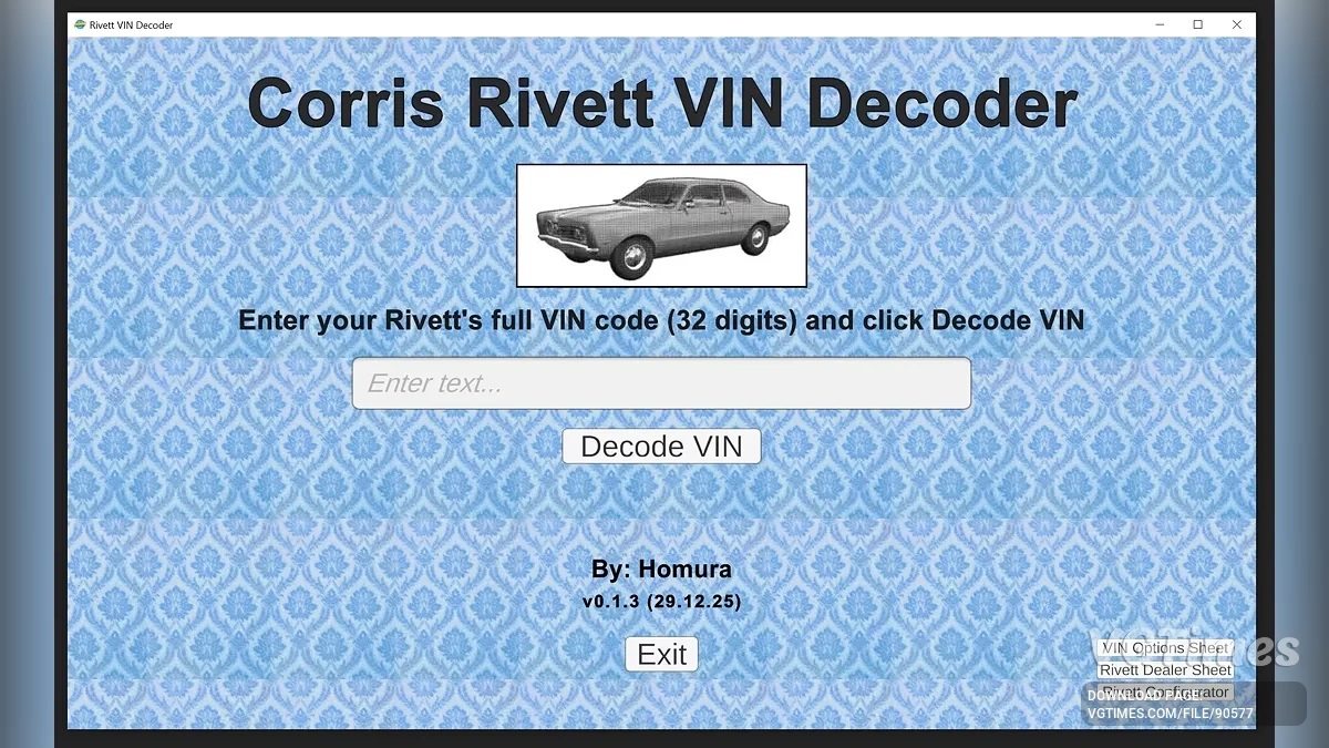 Corris Rivett VIN Decoder — генератор VIN-кодов
