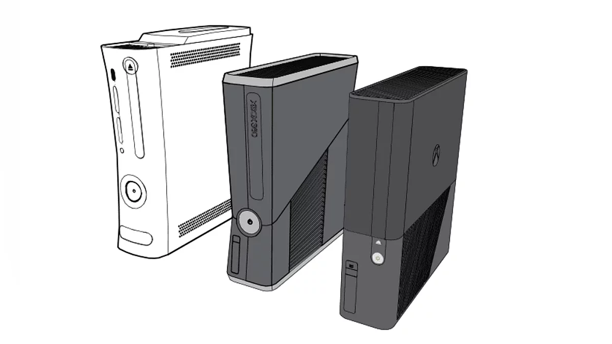 Слева — Xbox 360 (FAT), посередине — Xbox 360 S (Slim), справа — Xbox 360 E (Elite)